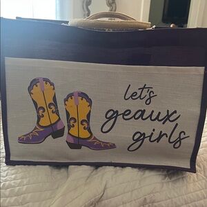 Purple and Yellow Tote Bag with Boots Design. Size large